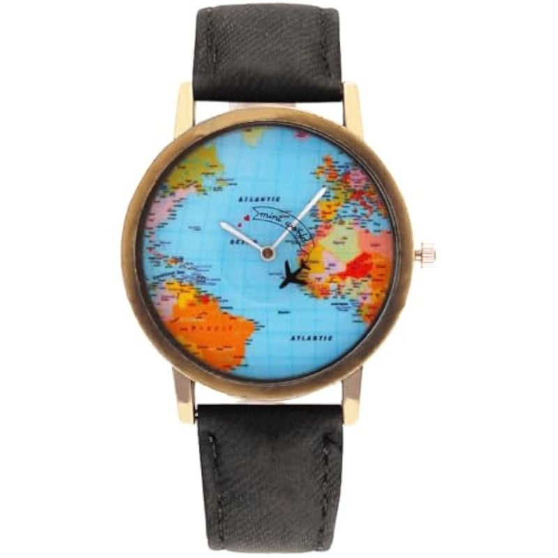 Travel The World Watch Cool Unique Airplane Moving Flying World Map Watch with Black Jeans Color Watch Band Gril's Watch Small Wrist - Image 1